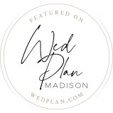 Circular badge for a Wedding Venue and Reception Hall in Beaver Dam, WI, reading “Featured on Wed Plan Madison wedplan.com.”
