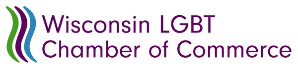 Logo for the Wisconsin LGBT Chamber of Commerce featuring three vertical wavy lines in green, purple, and blue to the left of the organization’s name in purple text, representing a wedding venue and reception hall in Beaver Dam, WI.
